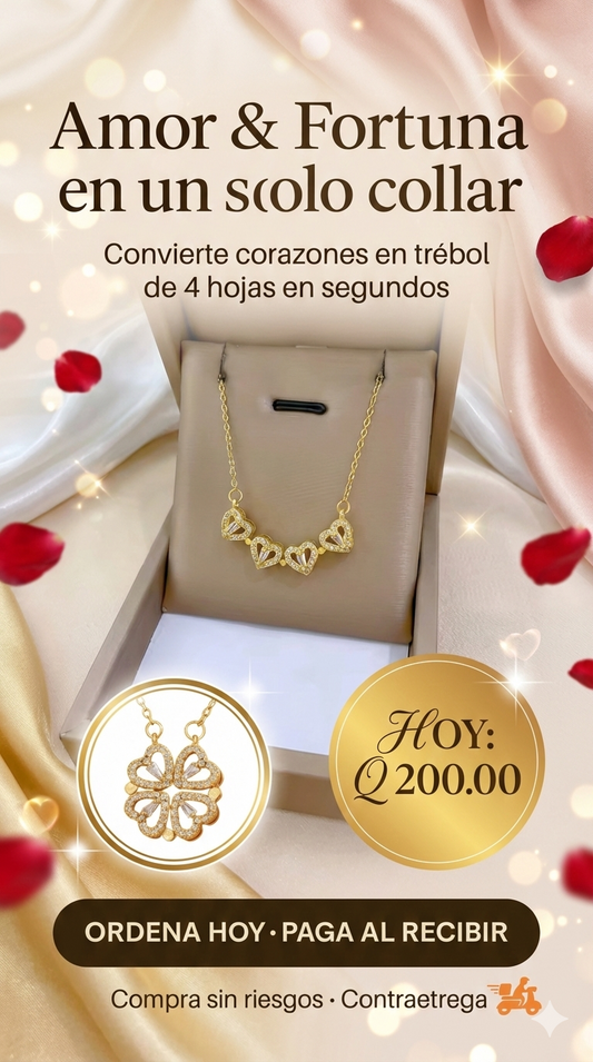 Collar 2 en 1 Amor&Fortuna que cambia de forma, Trébol - Corazones.